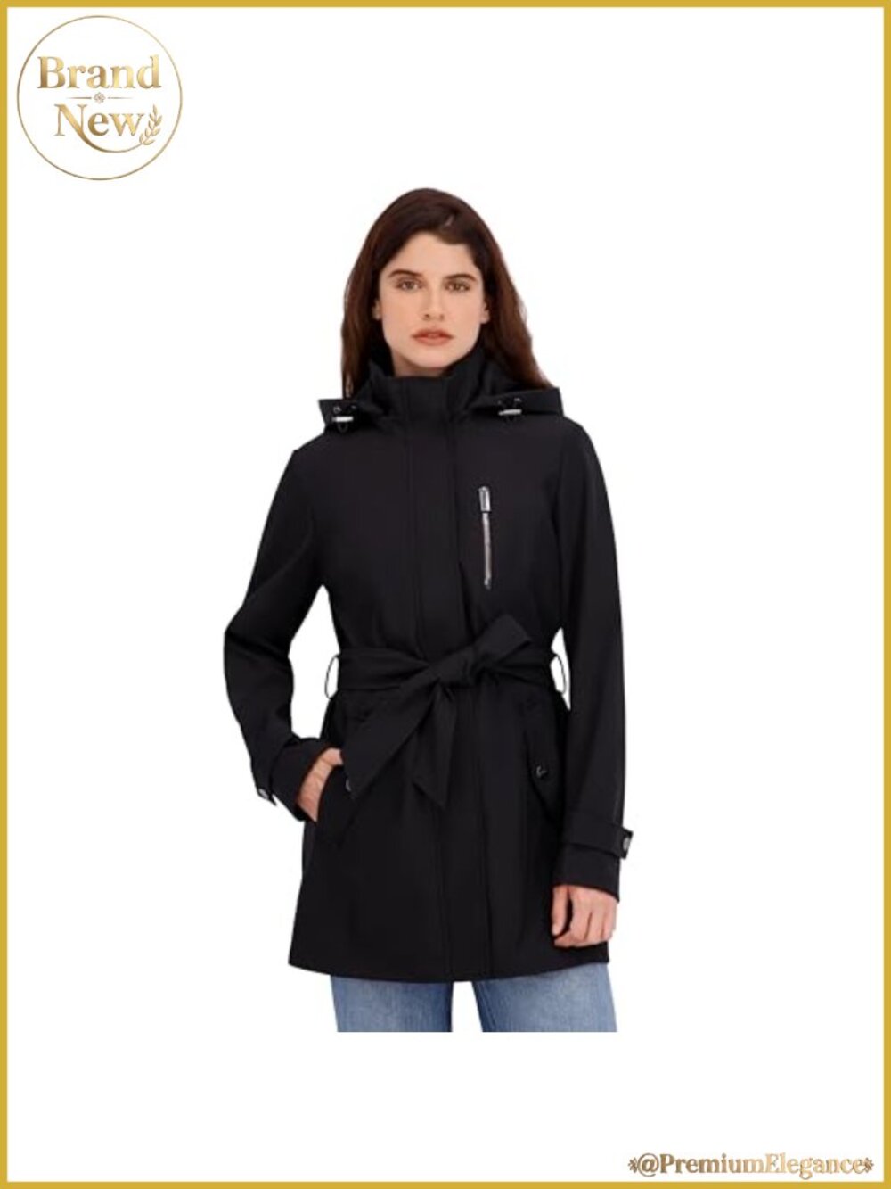 Nautica Women's Belted Bonded Rain Jacket Hooded Water-Resistant